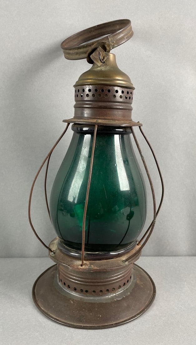 Antique Green Glass Railroad Lantern: No fount, or marking. Measures 17 1/2 x 7 inches with handle