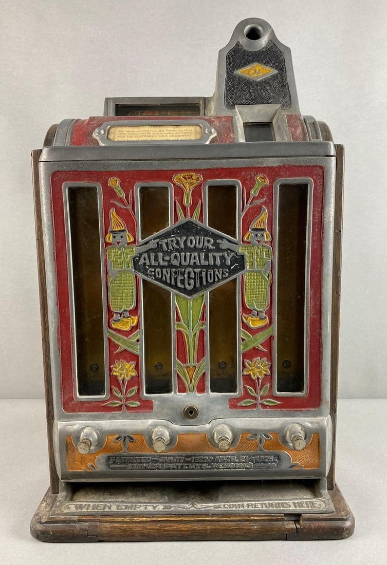 Antique Jennings Nickel Slot Machine: 3rd party shipper recommended. Did not work in test. Includes key, bottom door is not fitting properly. Measures 25 1/2 x 15 1/2 x 15 1/4 inches