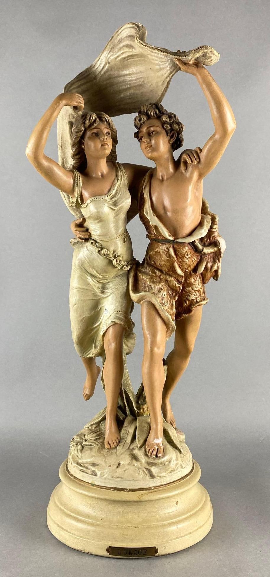 Emile Bruchon Lorage The Storm Painted Plaster Sculpture: Some chips and repairs, Measures 27 1/2 x 10 1/2 x 10 inches.