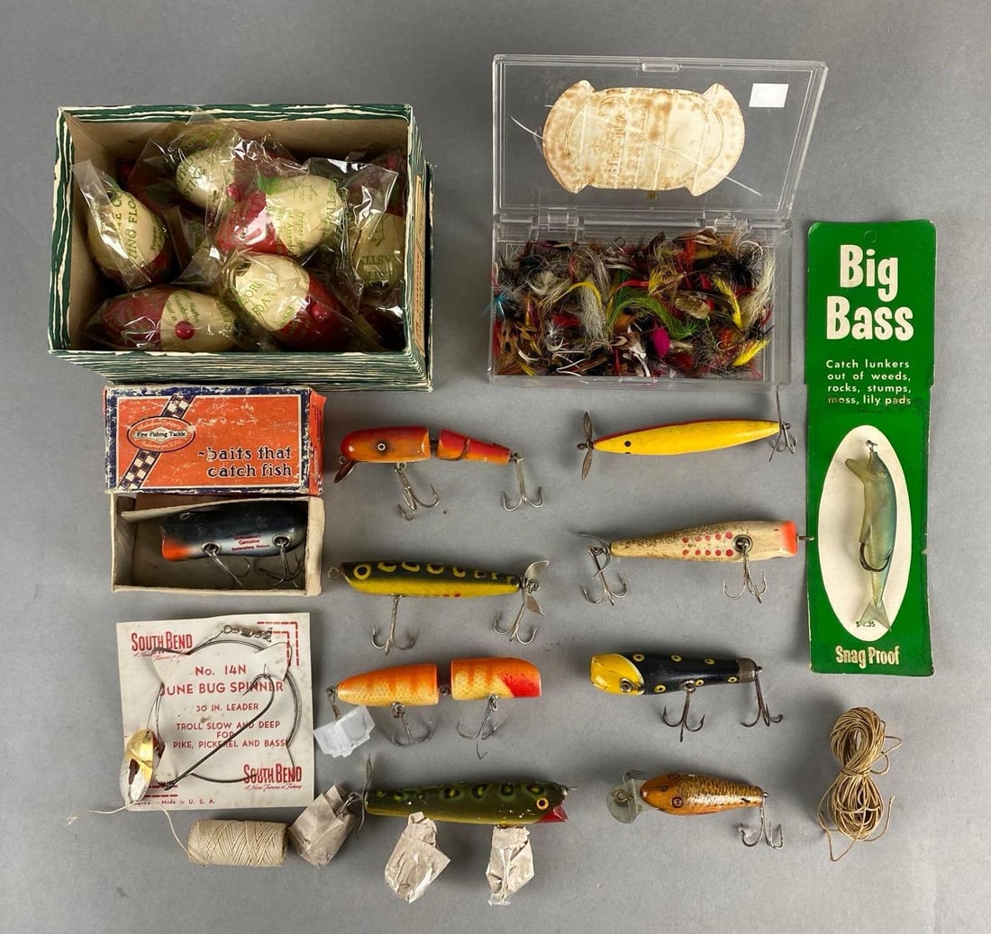 Group of Assorted Fishing Lures and More: Some with original packaging, Largest box measures 6 x 4 1/2 x 3 1/2 inches.