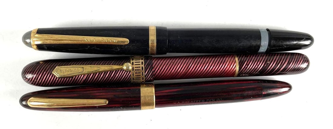 Group of 3 Vintage Fountain Pens: Includes scheaffers with 14k gold nib, congress, and kohinoor no. 0 rapidograph 3060. Each measure 5 1/4 inches