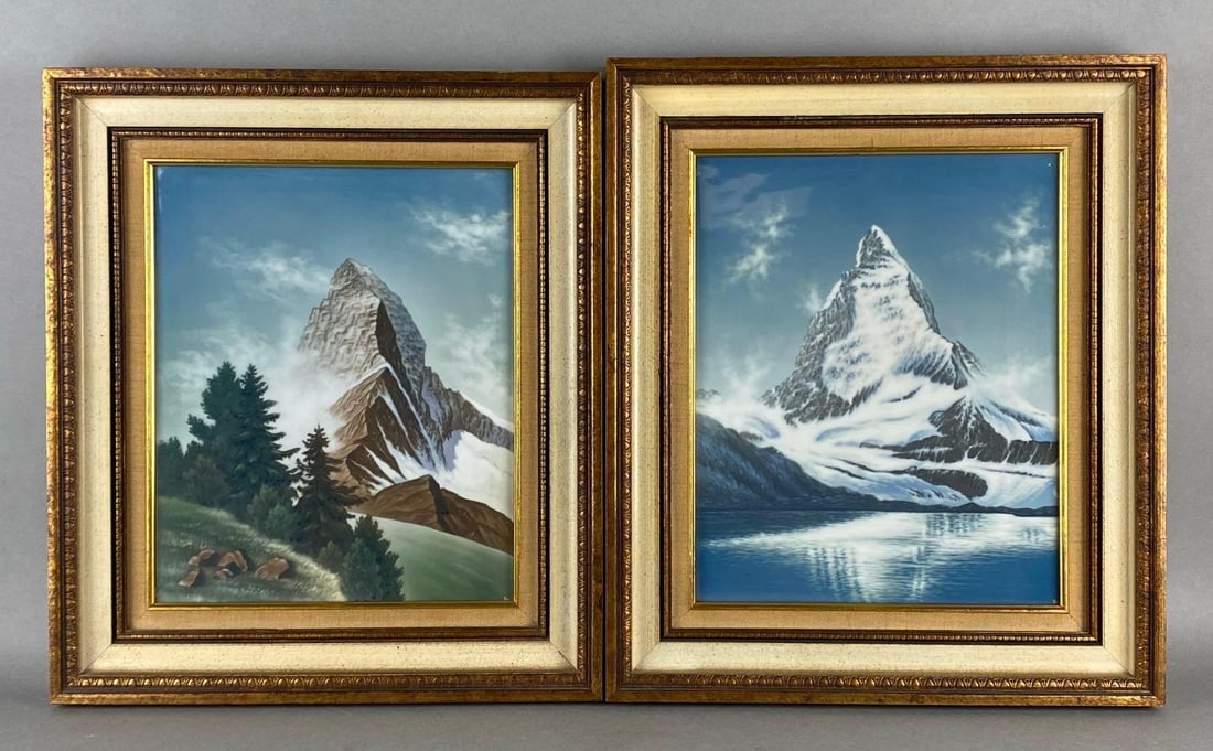 Group of 2 Rosenthal Painted Mountain Scene Tiles: Includes Matterhorn Summer and The Winter Scene, and Frames measure 17 1/4 x 14 1/4 inches, Tile measures 13 x 10 1/2 inches.