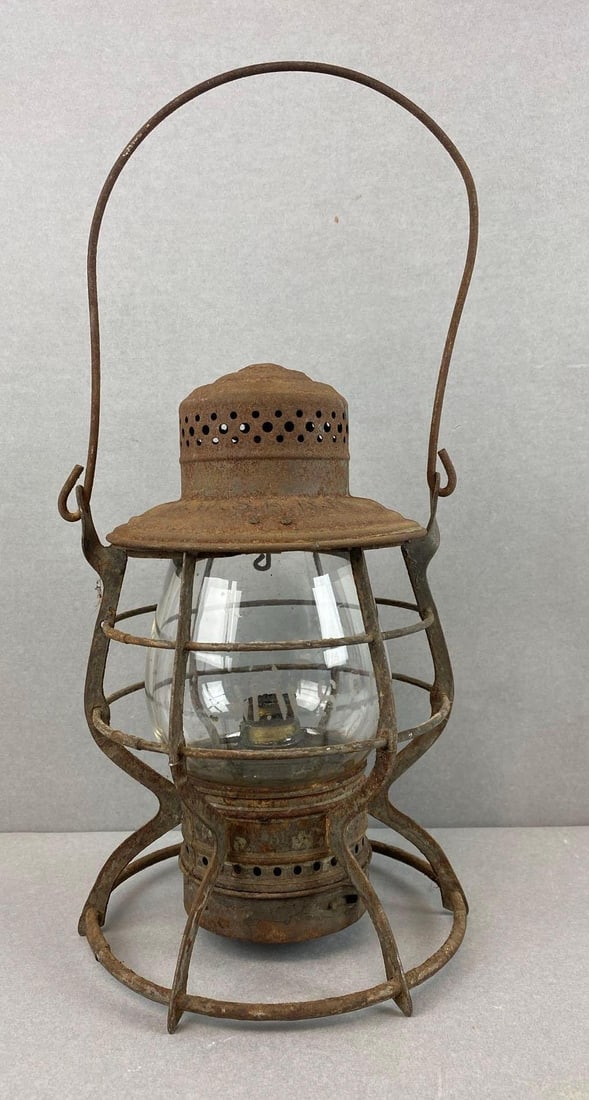 The Adams Westlake Company MWSERR Globe Lantern: Midway Southern Railroad, rusting throughout, measures 10 x 7 1/4 x 7 1/4 inches