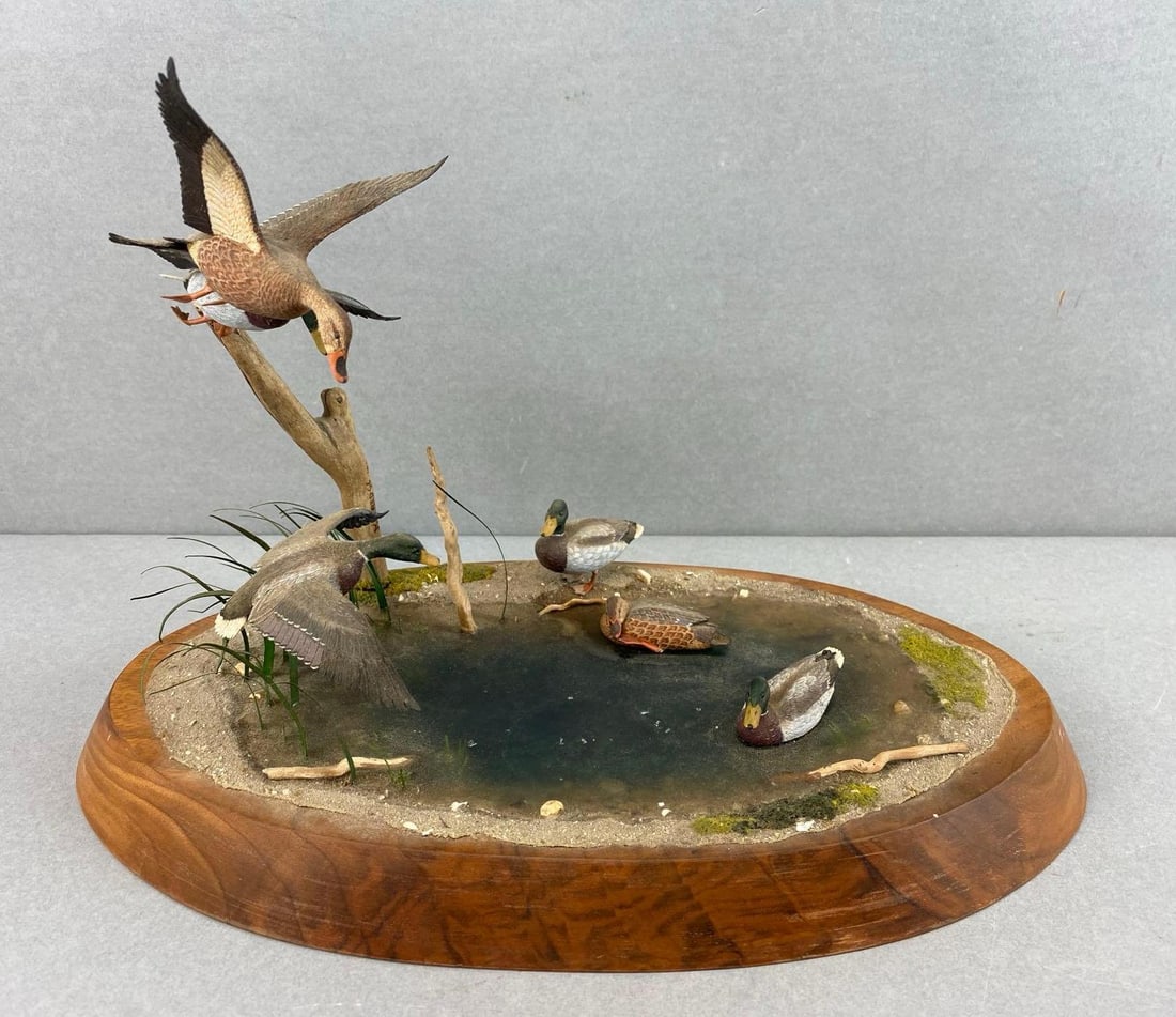 Artist Signed 1984 Duck Pond Diorama: Needs cleaning, measures 9 1/2 x 14 x 7 3/4 inches