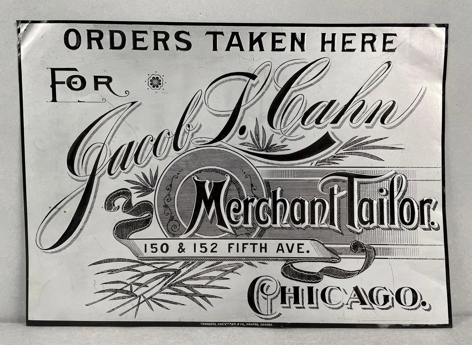Vintage Jacob L. Cahn Merchant Tailor Embossed Tin Advertising Sign: Chicago IL. Measures 10 x 13 3/4 inches