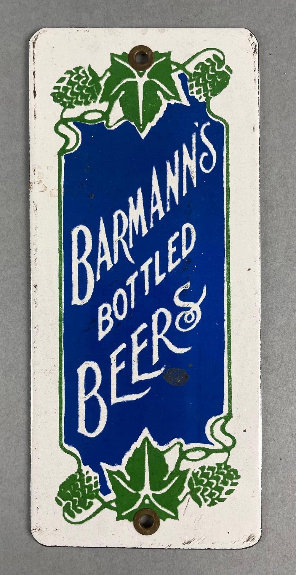 Vintage Barmanns Bottled Beers Porcelain Advertising Sign: Measures 8 x 3 1/2 inches
