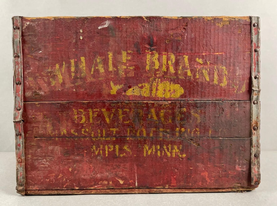 Antique Whale Brand Beverages Wood Advertising Crate: Double sided, measures 12 1/4 x 16 1/2 x 12 1/4 inches