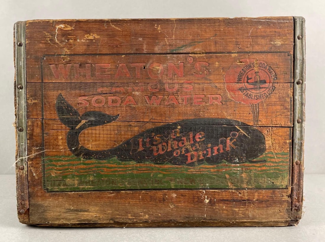 Antique Wheatons Famous Soda Water Wood Advertising Crate: Double sided, measures 12 1/4 x 17 x 12 1/4 inches