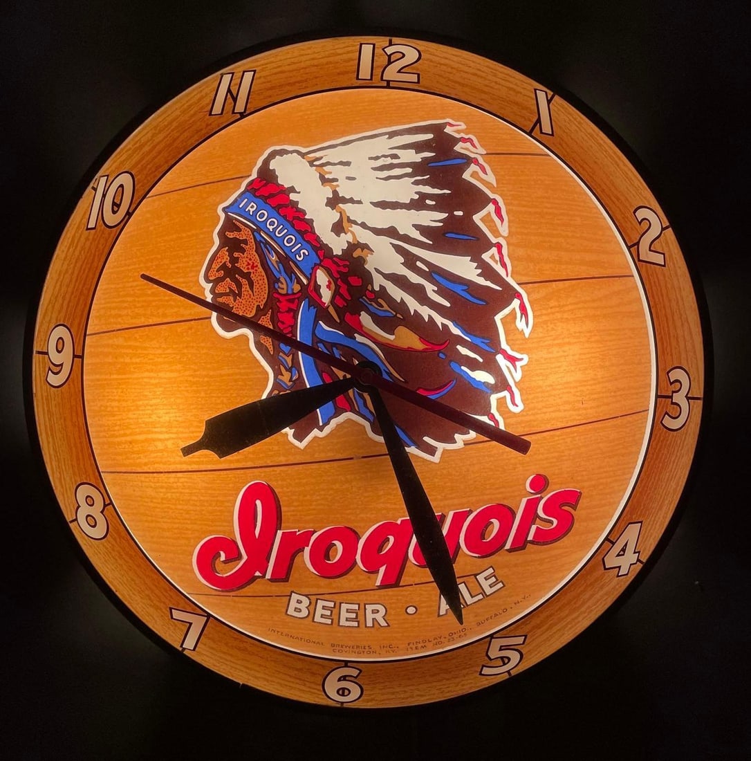 Vintage Iroquois Beer and Ale Light Up Advertising Clock: Double glass, working condition. Measures 15 x 4 1/2 inches