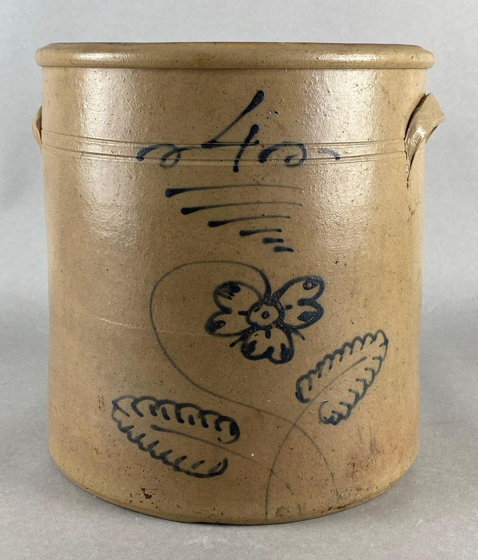 Antique 4 Gallon Floral Pattern Stoneware Crock: Large crack down left side, Measures 11 1/2 x 12 x 11 inches.