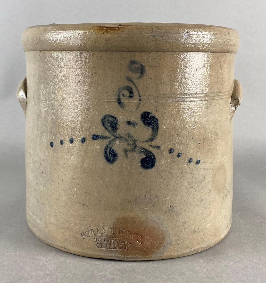3 Gallon Chicago Scranton and Co. Stoneware Crock: Large crack along back, Measures 10 x 11 1/2 x 11 inches.
