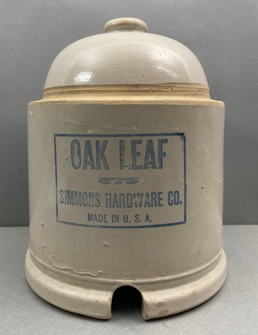 Oak Leaf Simmons Hardware Stoneware Advertising Chicken Feeder: Measures 10 x 8 inches