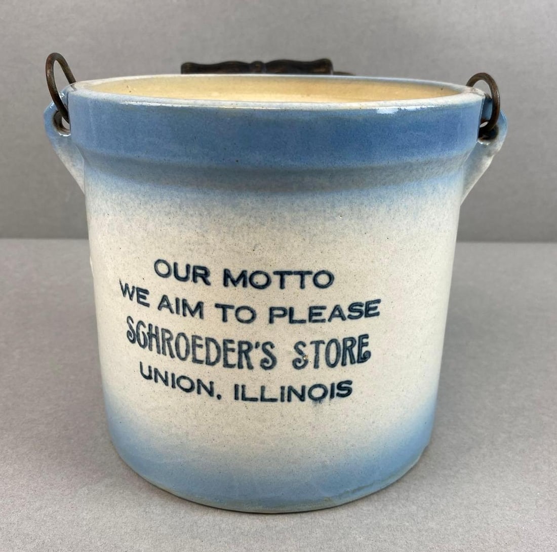 Souvenir Schroeder’s Store Union, Illinois Butter Crock: Chip on base, measures 6 x 6 1/2 x 6 inches