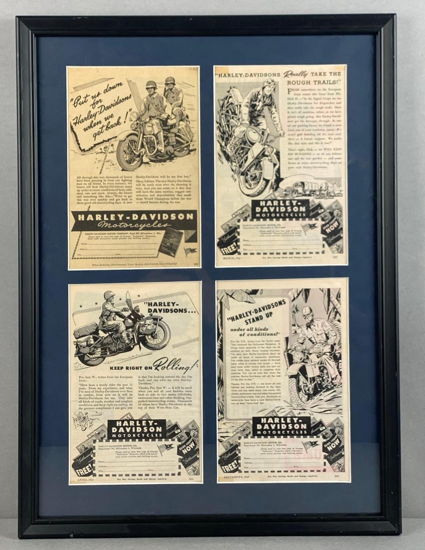 Group of Harley-Davidson Framed Magazine Advertisements: Includes 4 pages in one frame, all from separate magazines, frame measures 22 1/2 x 16 1/2 inches, each page measures 9 x 6 inches