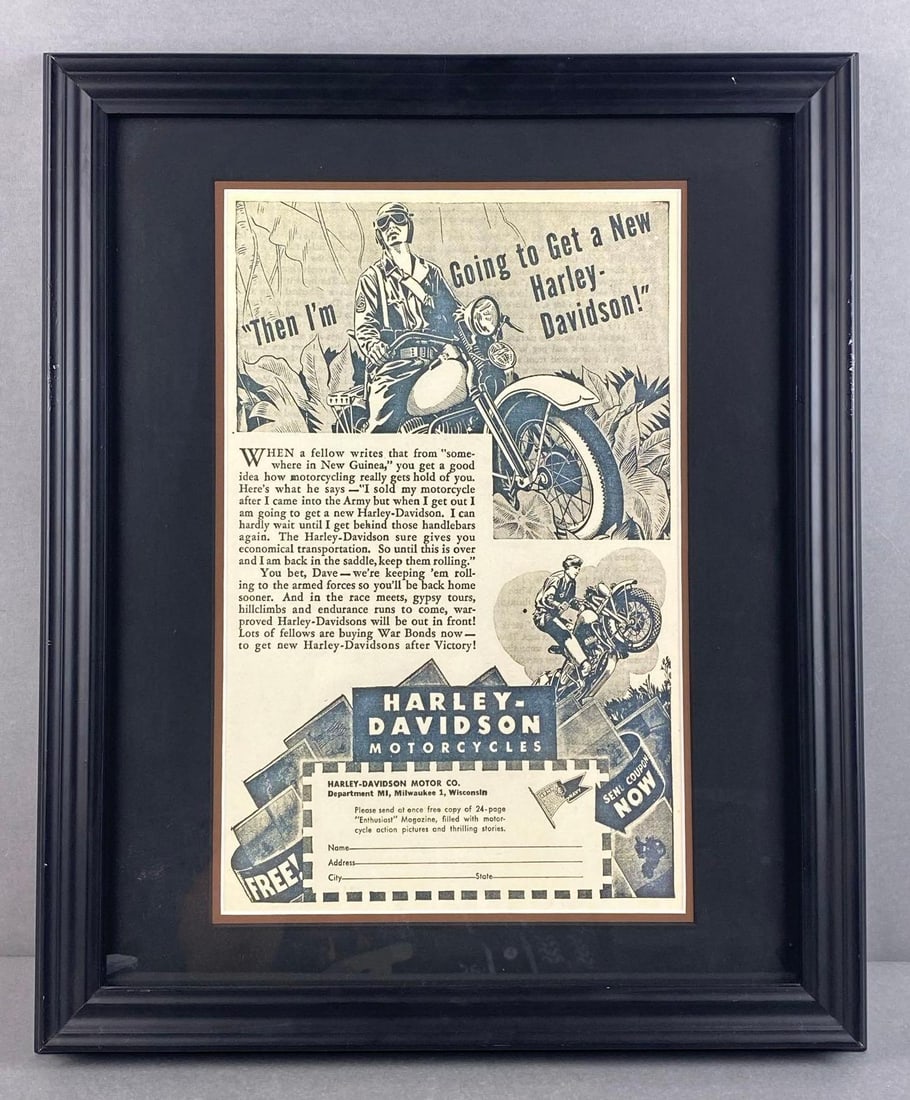 Harley Davidson Framed War Bonds Advertisement: Frame measures 23 x 19 inches, print measures 17 x 11 inches