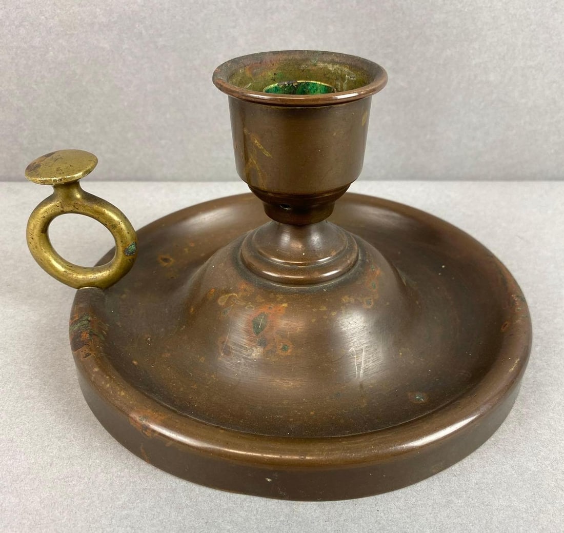 Arts and Crafts Vincent Mfg. Co. Brass Candlestick Holder: Some corrosion and discoloration throughout, measures 3 3/4 x 7 x 6 1/2 inches