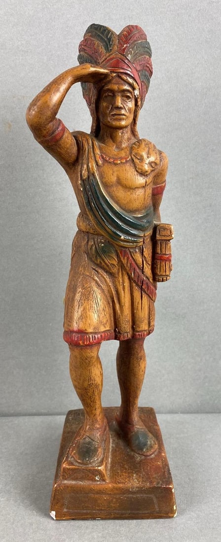 Plaster Cigar Store Native American Figurine: Small chips throughout, measures 13 1/2 x 3 1/2 x 4 inches