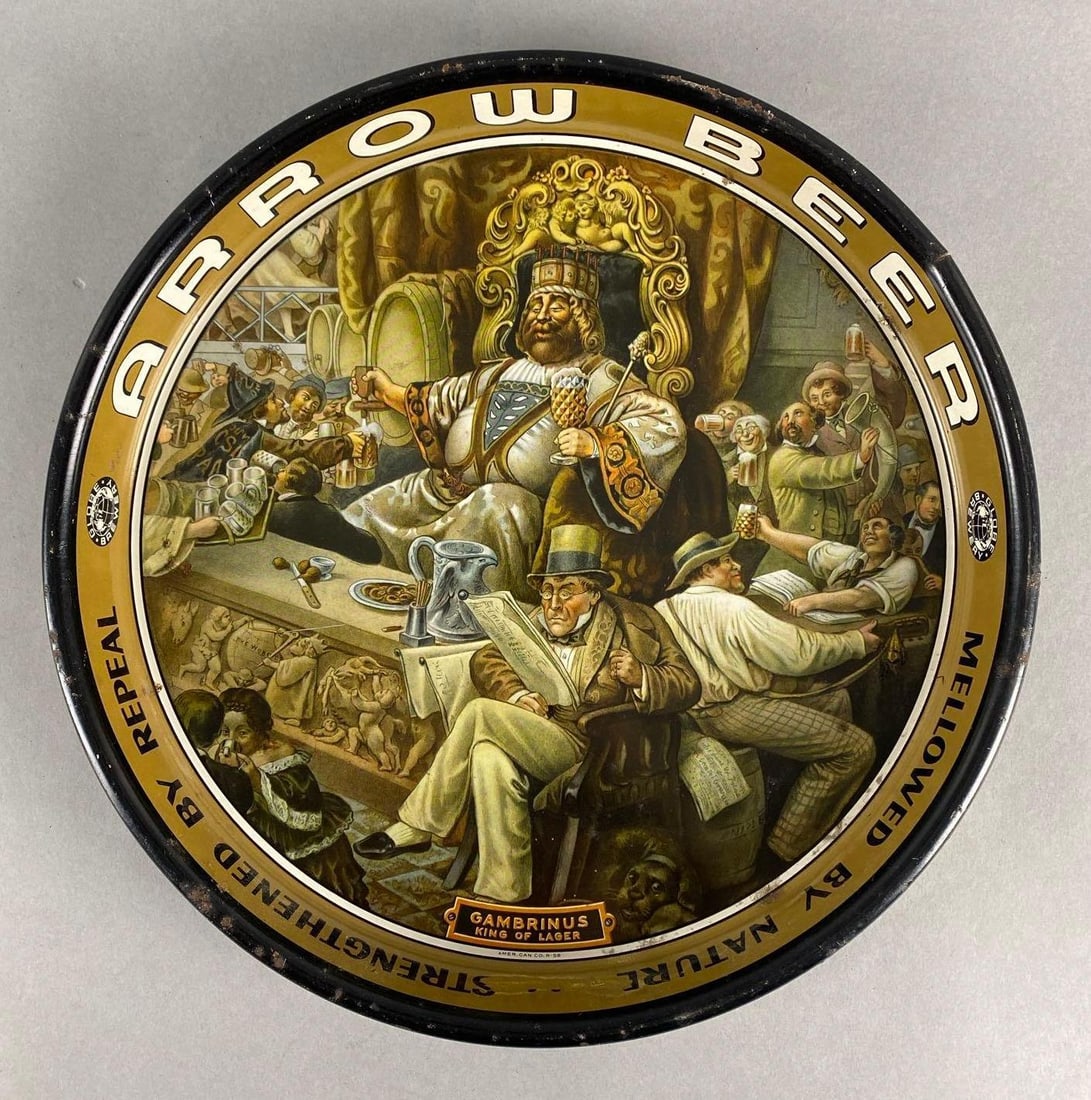 Arrow Beer Gambrinus King of Lager Advertising Beer Tray: Globe Brewery, Measures 13 1/4 x 13 1/4 x 1 3/4 inches.
