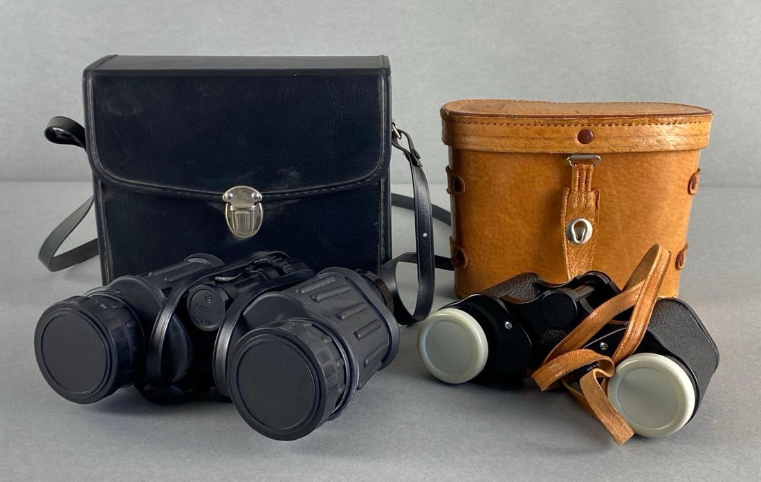 Group of 2 Binoculars: With cases, Includes Apollo 7-15X35 Zoom, and Kendon 6x30 Field, Largest case measures 6 1/2 x 7 1/2 x 3 inches.
