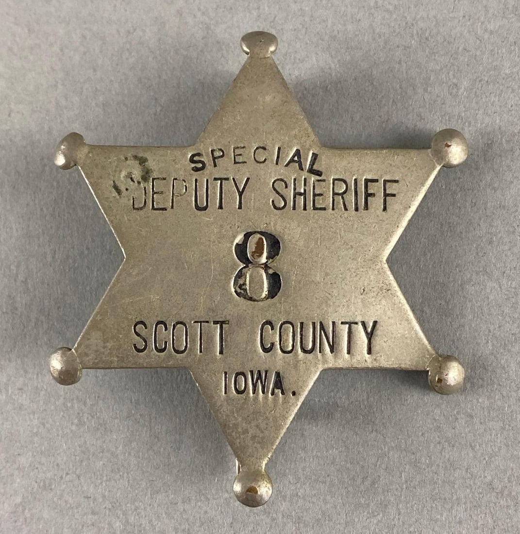 Scott County Iowa Special Deputy Sheriff Badge: Measures 2 x 1 3/4 inches.