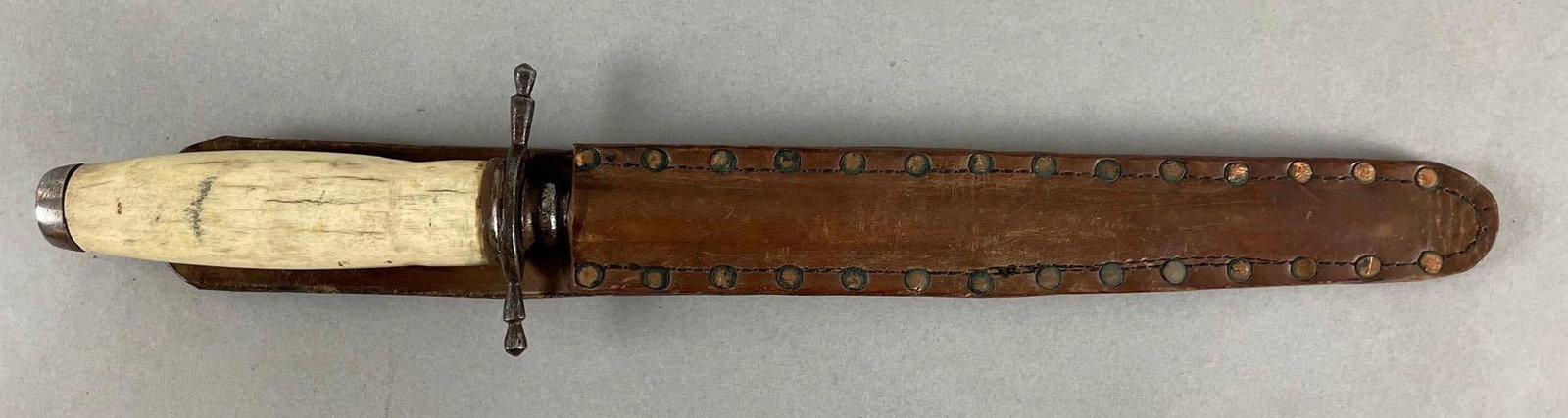 WW1 Theater Made Dagger with Leather Sheath: Stag handle, Damascus blade. Measures 14 1/4 inches with a 9 inch blade