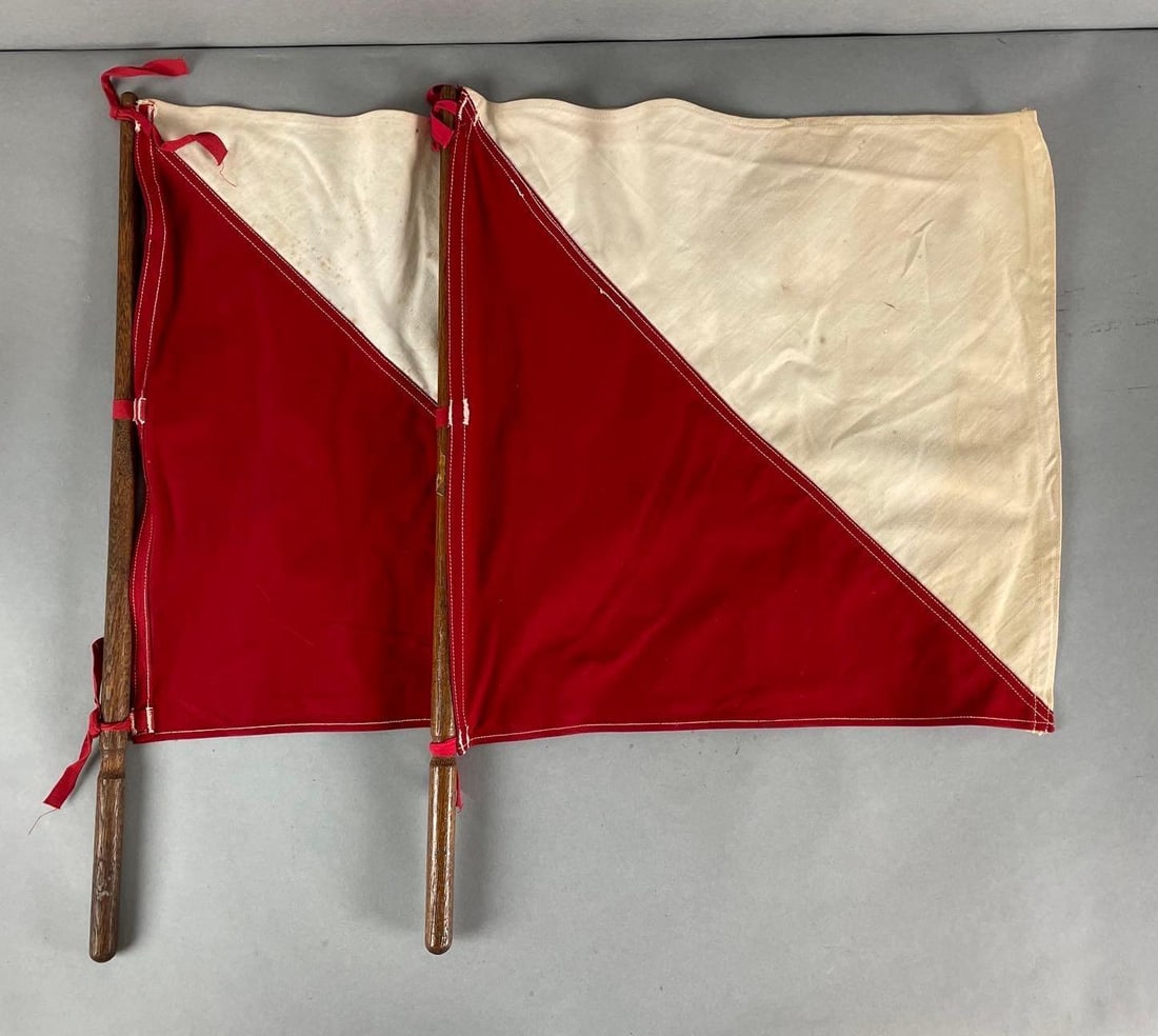 Group of 2 WW2 Signal Flags: Some staining on each. Both measure 24 x 17 1/2 inches with sticks