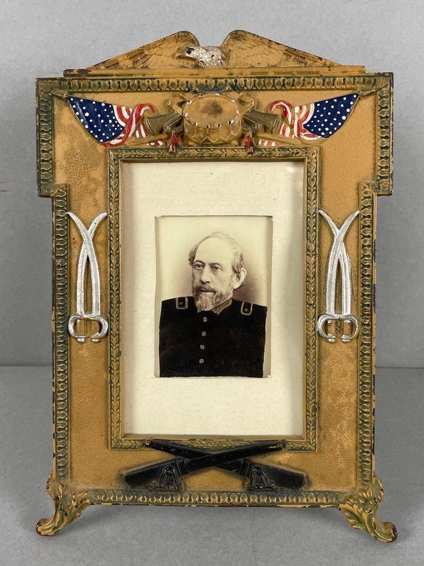 Civil War Veteran Photo in Cast Metal Patriotic Frame: Photo measures 4 x 2 1/2 inches, frame measures 9 x 6 3/4 inches