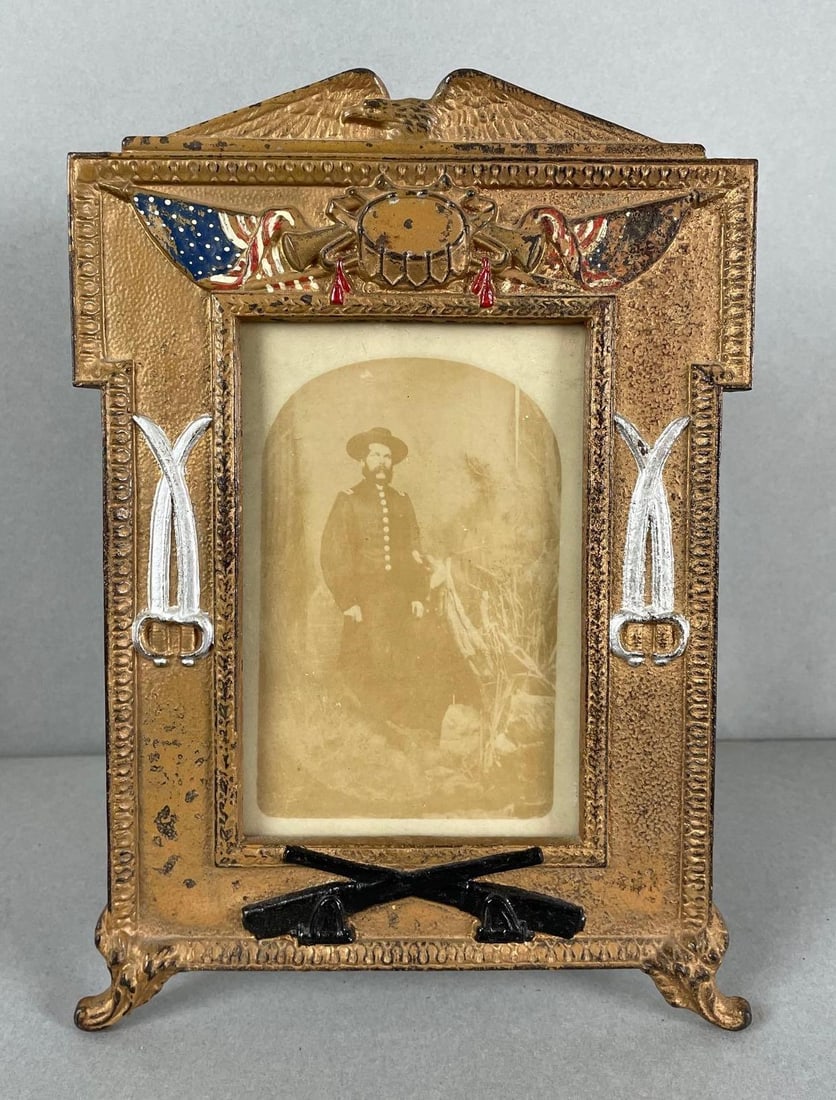 Civil War Veteran Photo in Cast Metal Patriotic Frame: Photo measures 5 x 3 1/2 , frame measures 9 x 6 3/4 inches