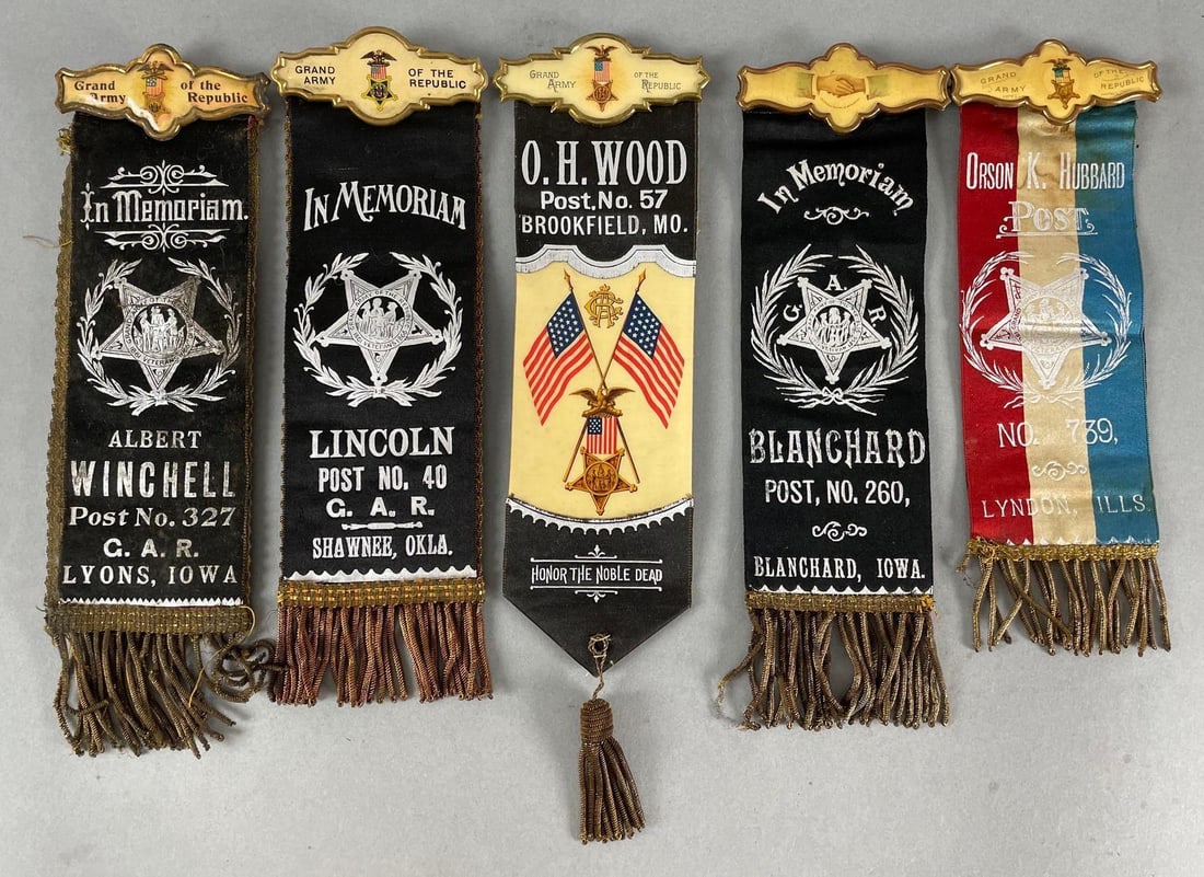 Group of 5 G.A.R. Post Memoriam Ribbon Badges: Includes Blanchard Iowa, Lions Iowa, Lyndon Illinois, and more. Largest measures 10 3/4 x 3 inches