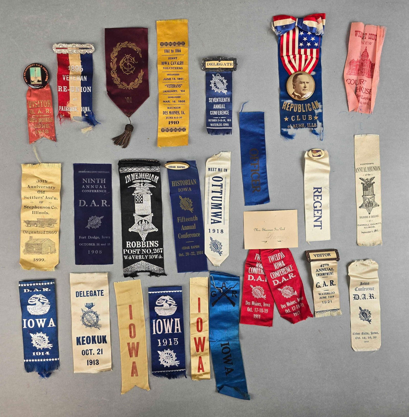 Group of 20+ GAR Commemorative Ribbons: Includes Regent, Officer, DAR Iowa 1914 and more, largest measures 8 x 2 inches