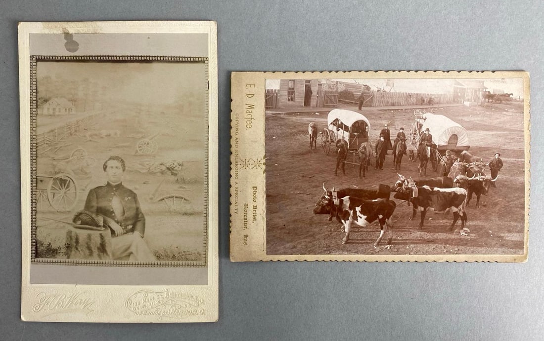 Group of 2 Cabinet Card Photographs: Includes Posed Soldier in front of Battlefield, abs Oxen pulling wagon, Both measure 6 1/2 x 4 1/4 inches.