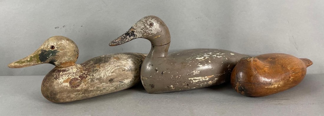 Group of 3 Vintage Wood Duck Decoys: Largest measures 8 x 16 1/2 x 6 inches