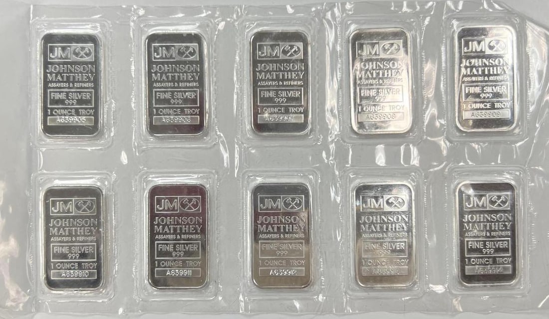 HTF Complete Sheet JM Johnson Matthey 1 oz Silver Bars Consecutive Serial Numbers 10 ounces (1 of 2)
