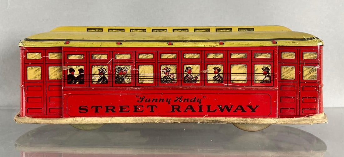Vintage Sunny Andy Tin Litho Street Railway Car: Bottom had been taped on, top is dented. Measures 4 1/2 x 13 1/2 x 4 1/4 inches