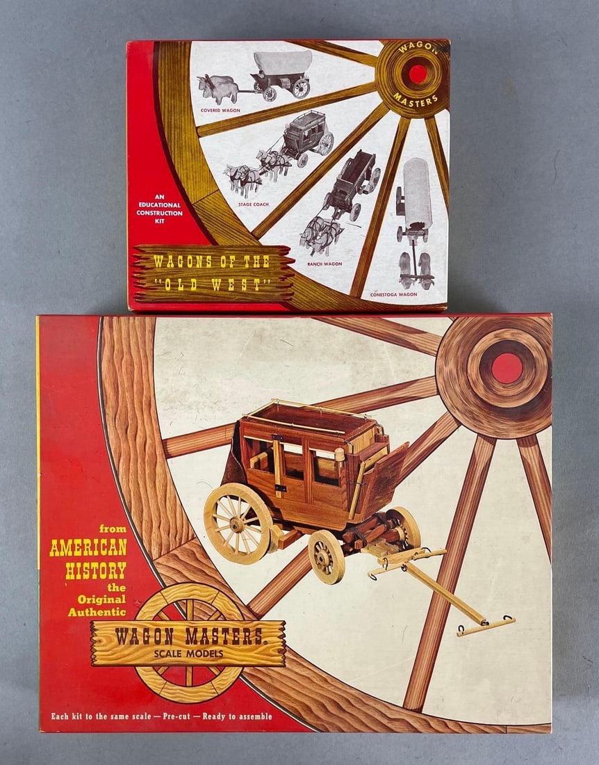 Group of 2 Wagon Masters Wood Scale Model Kits: Includes horse team, and stage coach. Appears complete. Largest box measures 10 x 12 x 2 inches