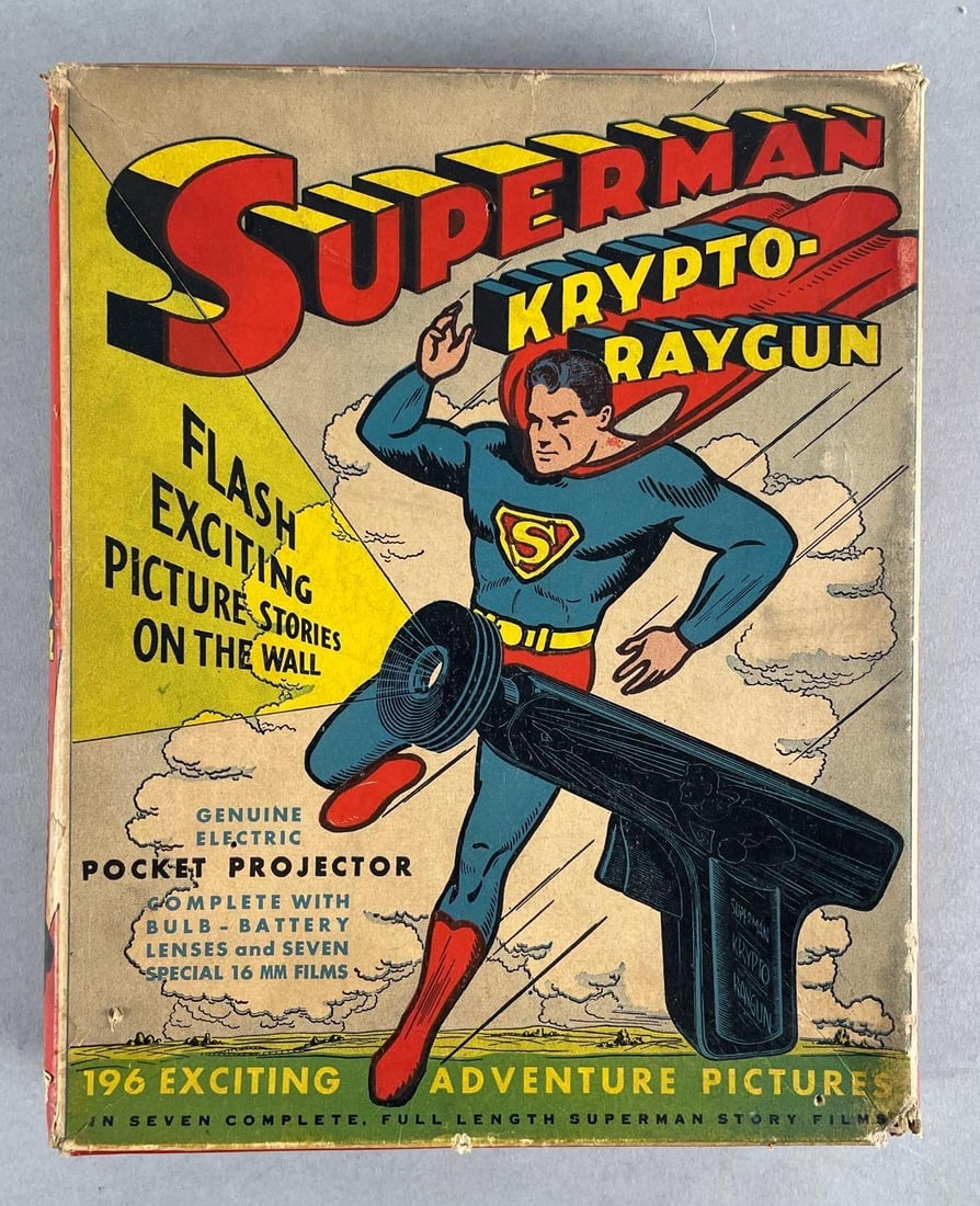 Daisy Superman Krypto-Raygun Projector Pistol with Film and Original Box: Includes original box, appears complete with instructions, and pictures. Light bulb is corroded, needs replaced. Box measures 10 1/4 x 8 1/4 x 2 inches