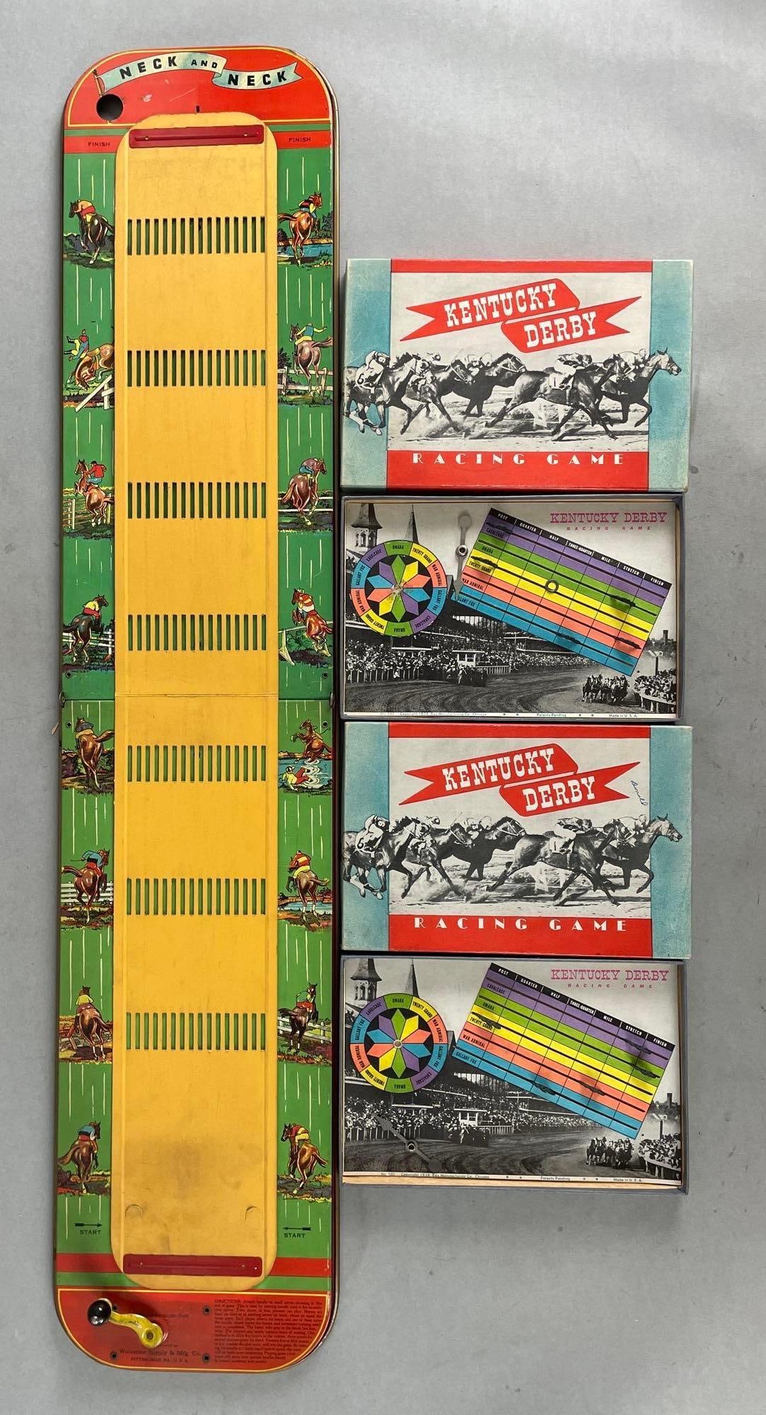 Group of 3 Horse Racing Games: Includes incomplete tin litho neck and neck, and 2 Kentucky derby games. Largest measures 36 1/4 x 8 inches