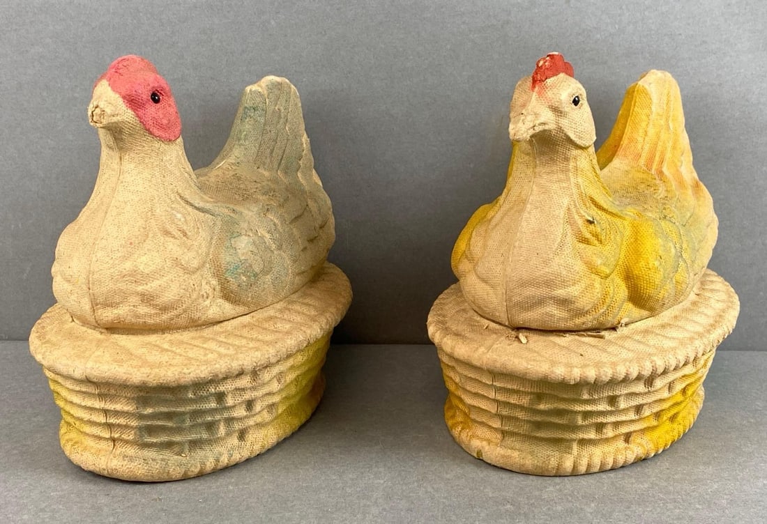 Group of 2 Burt Company Paper Mache Nesting Hen Candy Containers: Each measures 6 3/4 x 4 3/4 x 6 1/2 inches