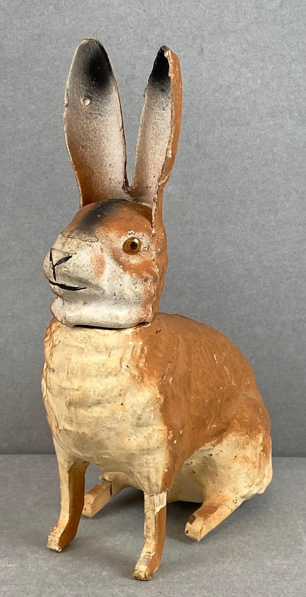 Vintage Easter Paper Mache Bunny Candy Container: Measures 7 1/2 x 5 1/2 x 2 1/2 inches