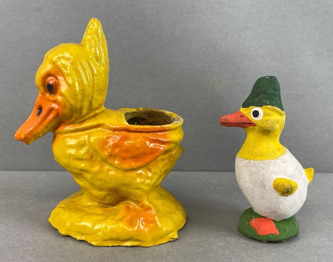 Group of 2 Easter Paper Mache Ducks Candy Containers: Largest measure 8 x 4 1/2 x 6 1/2 inches