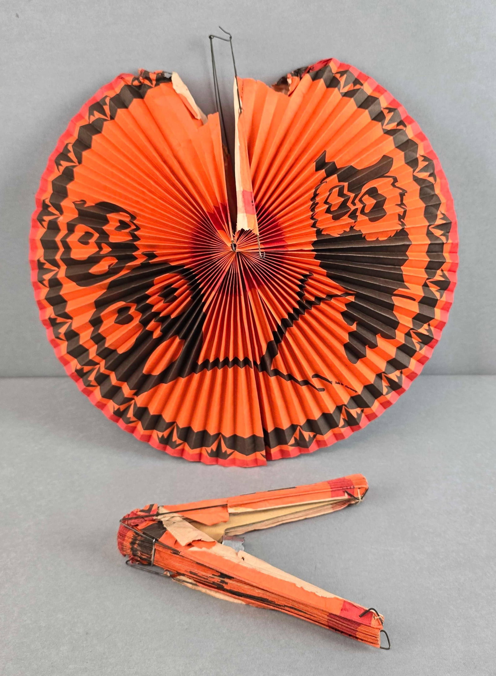 Group of 2 German Vintage Halloween Paper Lanterns: Paper tearing throughout, measures 14 1/2 x 14 1/2 x 7 inches