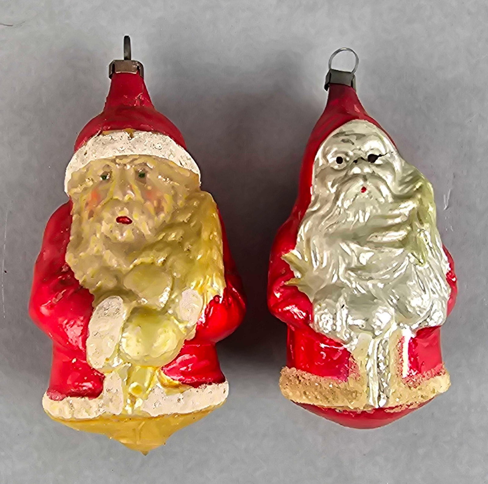 Group of 2 Vintage Mercury Glass Santa Christmas Ornaments: Largest measures 4 x 2 x 1 1/2 inches