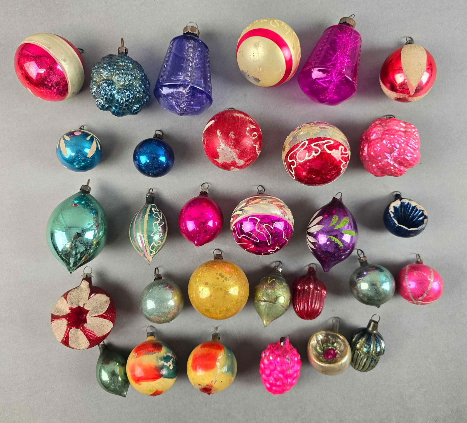 Group of 30 Vintage Christmas Ornaments: Includes mercury glass, glass and plastic, some minor chips throughout, largest measures 3 x 2 x 2 inches