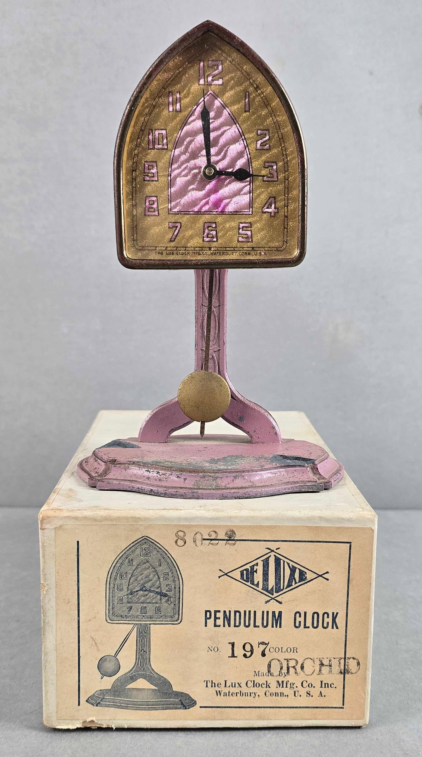 Lux Clock Co. Deluxe Orchid Colored Pendulum Clock No. 197 with Box: Made by Lux Clock Mfg. CO. Inc.
