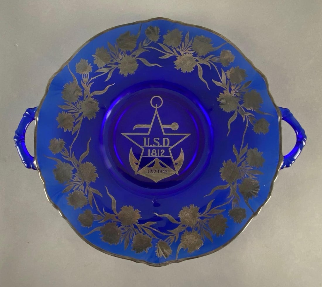 1942 US Daughters of the American Revolution Cobalt Blue Glass Tray: With floral Sterling silver overlay, Measures 11 3/4 x 13 3/4 x 1 1/2 inches.