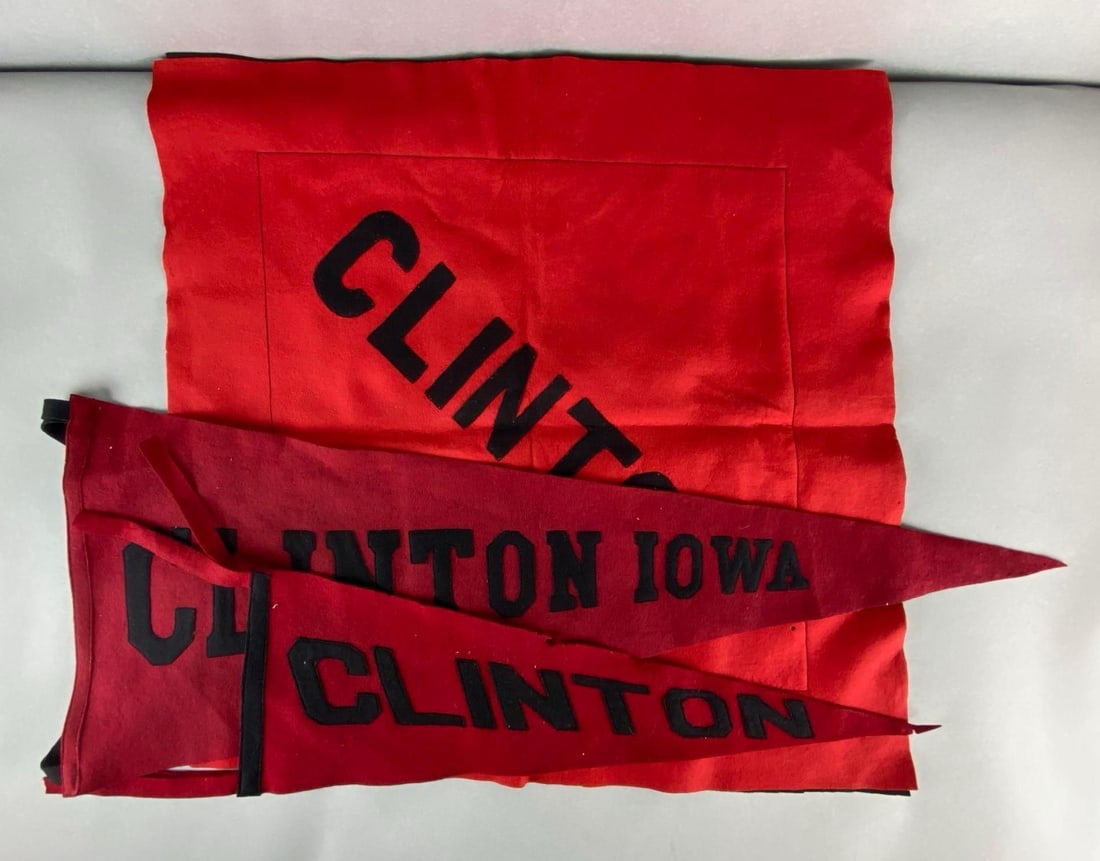 Group of 3 Clinton Iowa Felt Pennants: Largest measures 25 x 25 1/2 inches.