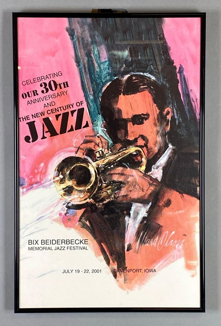 2001 Bix Beiderbecke Memorial Jazz Festival Poster: Davenport Iowa, Frame measures 22 1/4 x 14 1/4 inches, Poster measures 21 1/2 x 13 1/2 inches.
