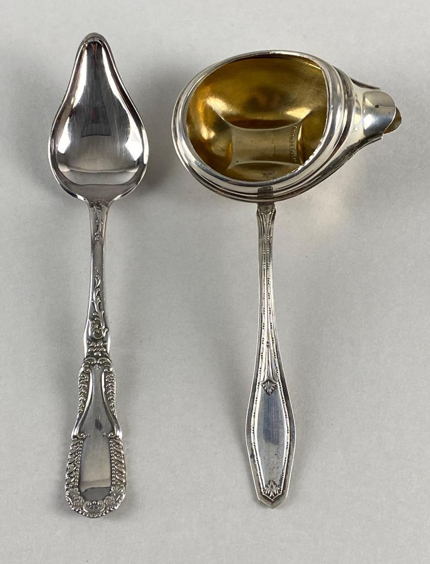 Group of 2 Sterling Silver Medicine Spoons: Total weight 52.8g, Includes W.F. Rogers Mfg. Co., and Other, Hallmarks on back, Largest measures 5 1/2 x 3 x 1 1/4 inches.