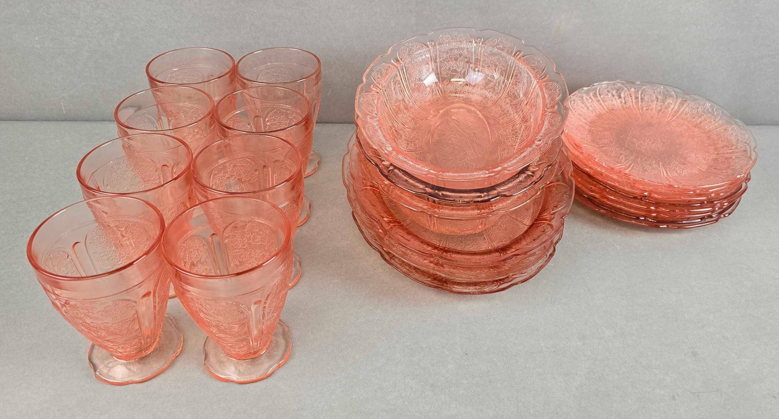 Group of 20+ Pink Cherry Blossum Depression Glassware: Includes cups, plates and bowls, cups measures 4 1/2 x 3 x 3 inches