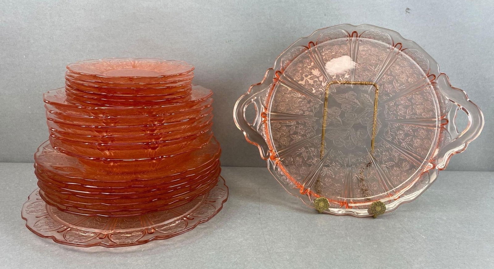 Group of 20+ Pink Cherry Blossom Depression Glass: Includes serving tray, plates, bowls and more, largest measures 10 122 x 12 1/2 inches